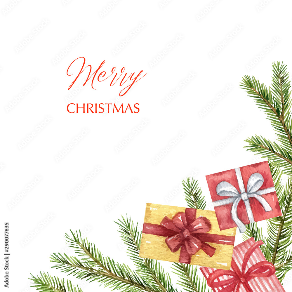 水彩矢量圣诞卡，带有冷杉树枝和礼物。