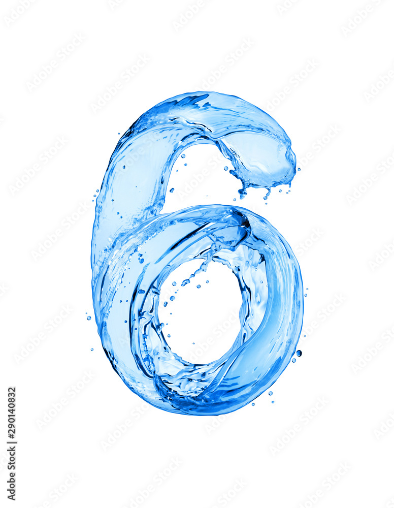 Number 6 made of water splashes, isolated on a white background