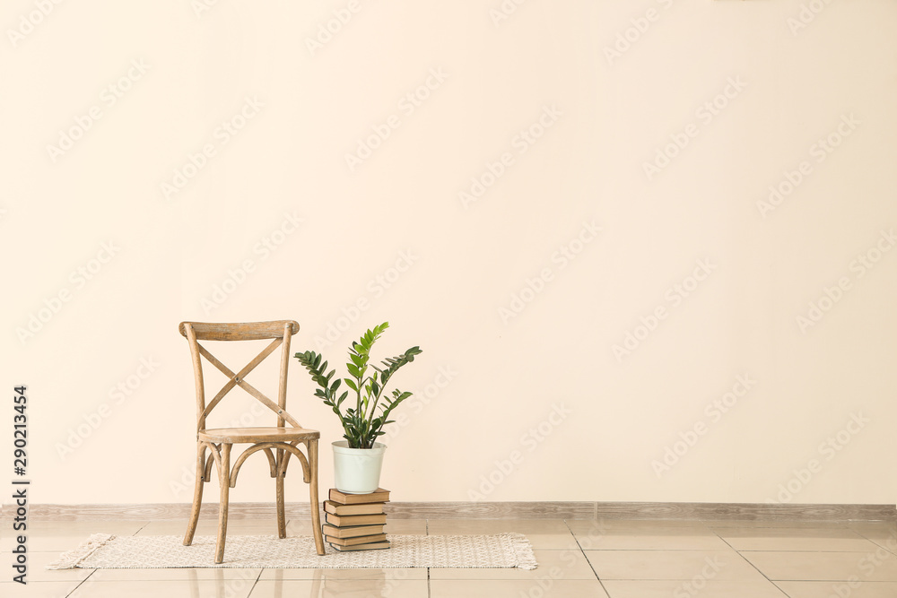 靠近采光墙的椅子、一叠书和室内植物