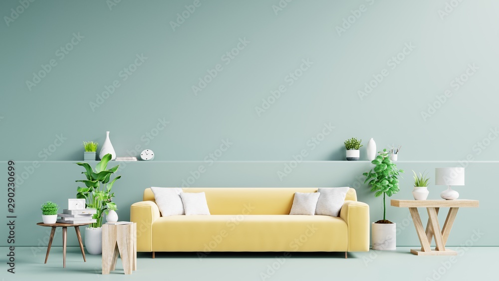 Light green living room interior with Yellow fabric sofa ,lamp and plants on empty.