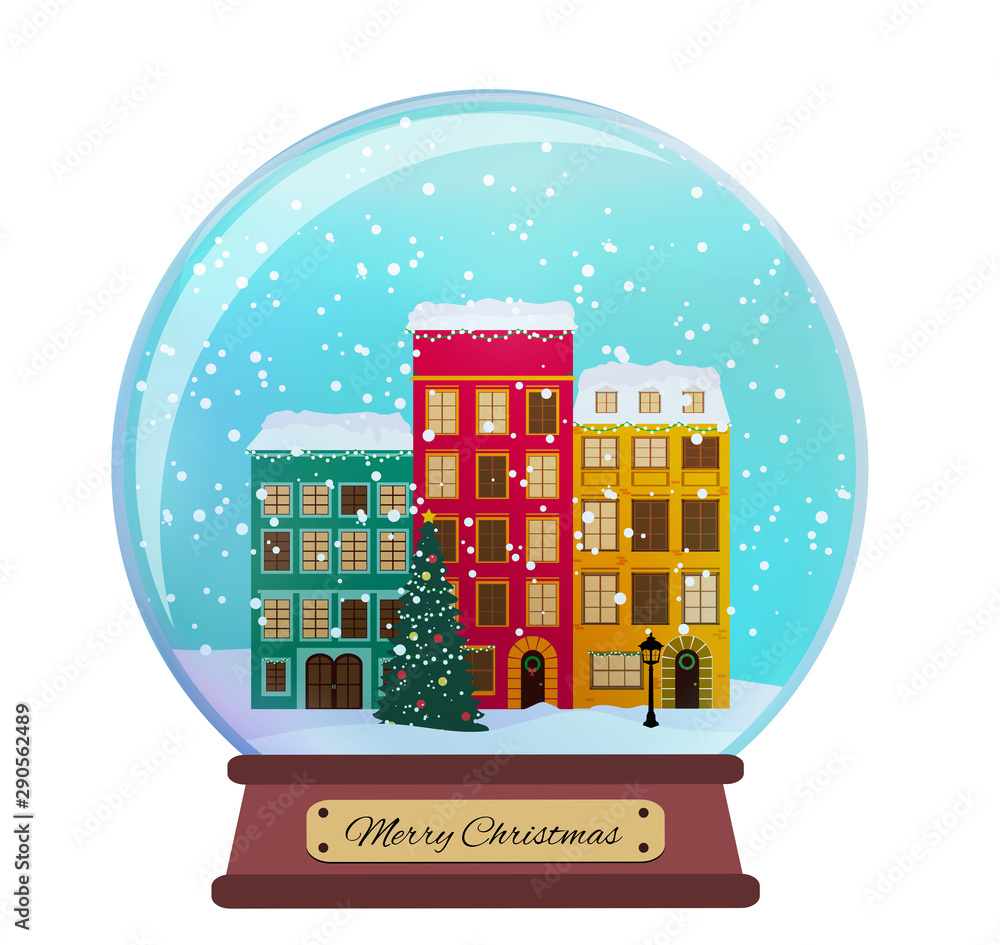 冬季小镇的雪花玻璃地球仪作为圣诞和新年礼物。矢量插图