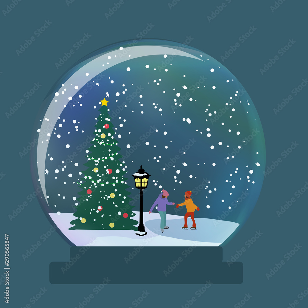 带着孩子们在冬天滑冰作为圣诞和新年礼物的雪玻璃地球仪。矢量插图