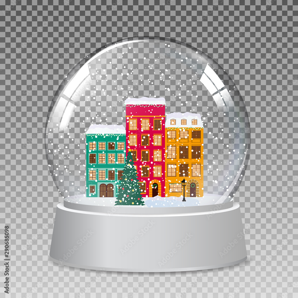 冬季小镇的雪花玻璃地球仪作为圣诞和新年礼物。矢量插图