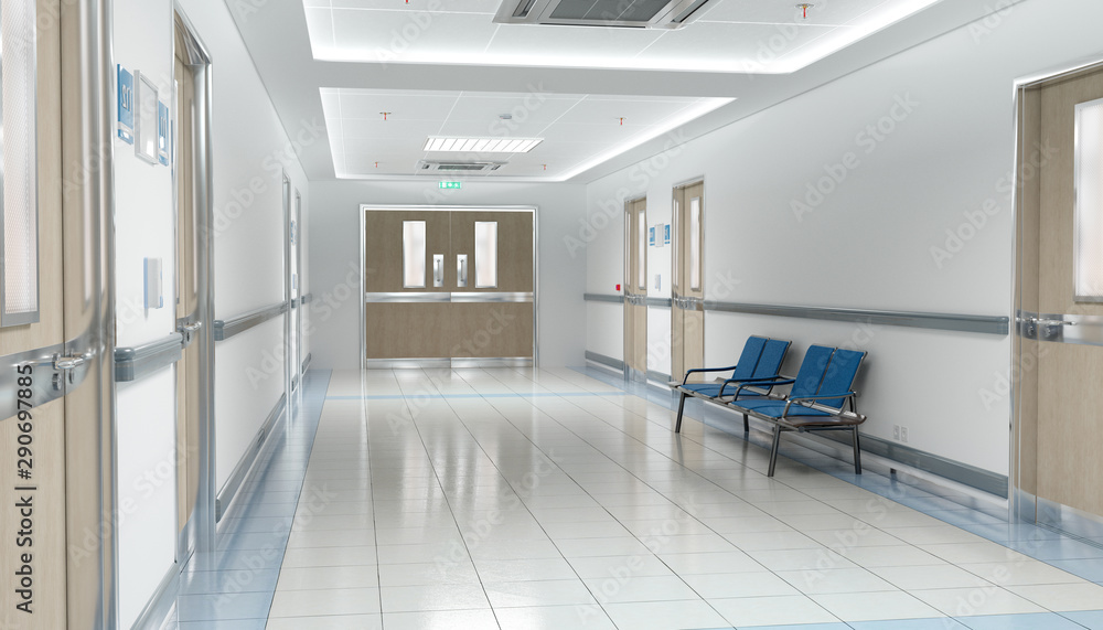 带房间和座位的长医院明亮走廊3D渲染