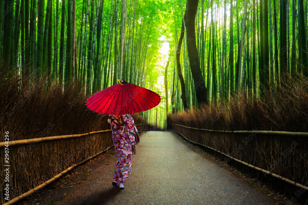 荒山的竹林里有穿着传统和服和雨伞的女人。日本