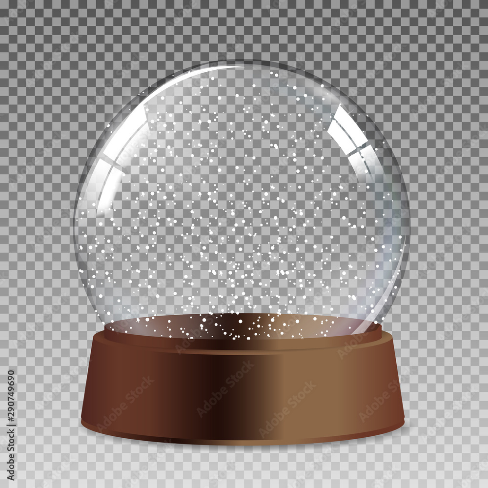 圣诞和新年礼物的雪地逼真透明玻璃地球仪。矢量插图