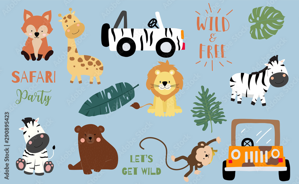 带有狐狸、长颈鹿、斑马、狮子、树叶、汽车的Safari对象集。徽标、贴纸、明信片、比尔的插图