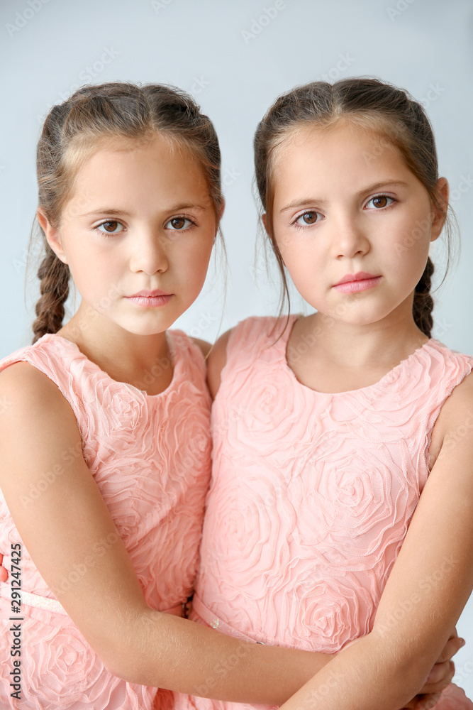 浅色背景下可爱的双胞胎女孩肖像