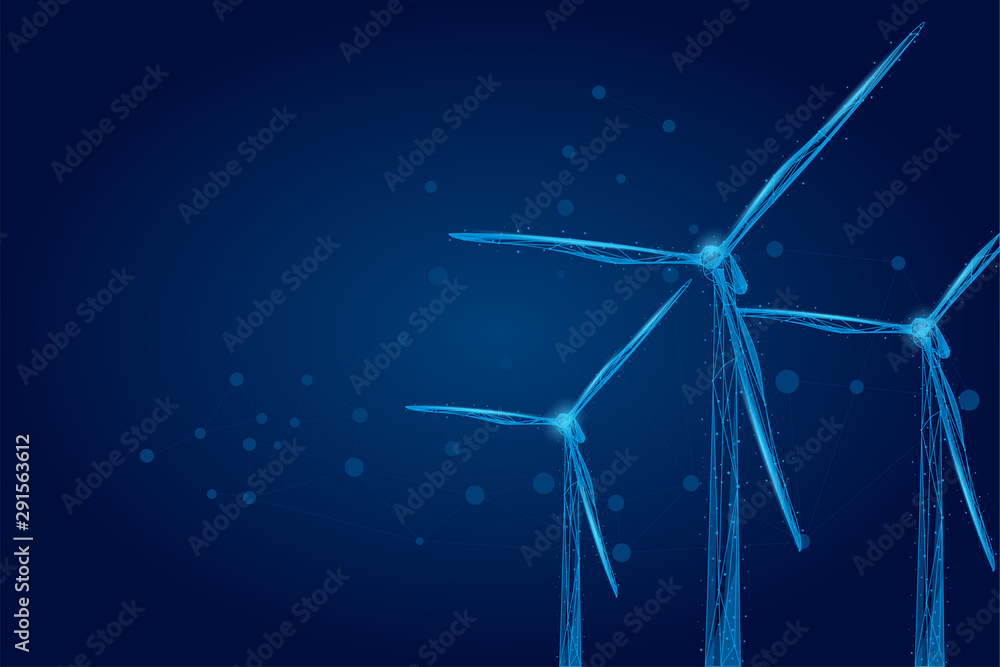Three wind mills consisting of points, lines, and shapes. Wind turbines field. Renewable alternative