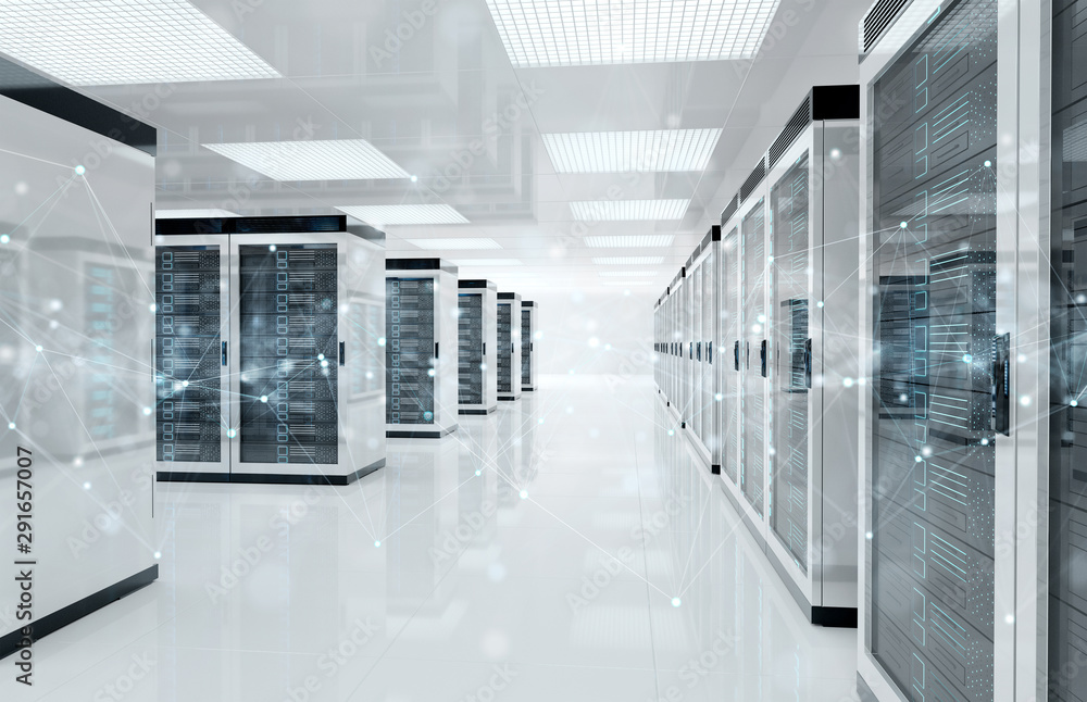 服务器中的连接网络数据中心机房存储系统3D渲染