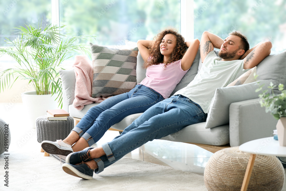 幸福的年轻夫妇在家的沙发上放松