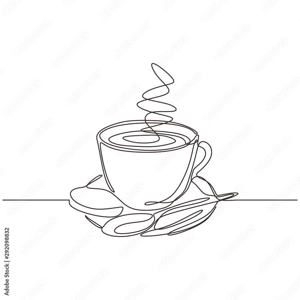 用盘子和勺子画一杯咖啡。连续手绘矢量图。