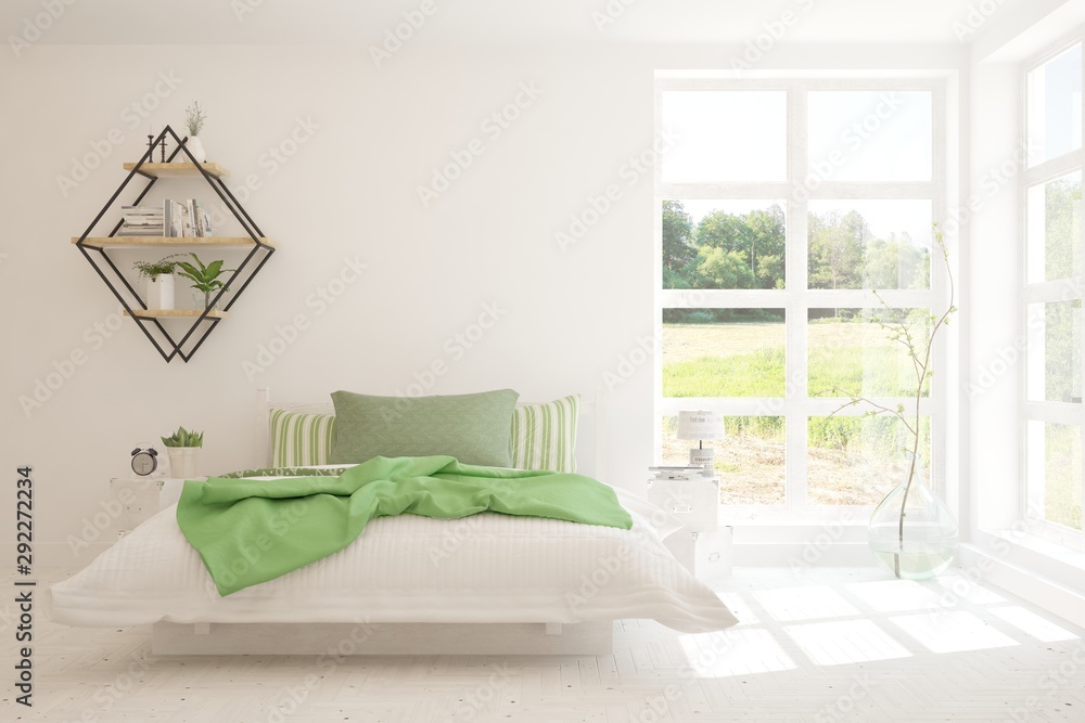 白色时尚卧室，窗户有smmer景观。斯堪的纳维亚室内设计。3D照明