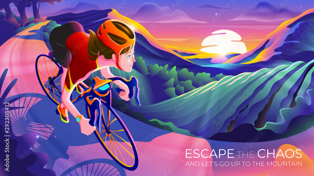 一幅以骑自行车为主题的插图，画中的女人正在山上骑自行车，享受着