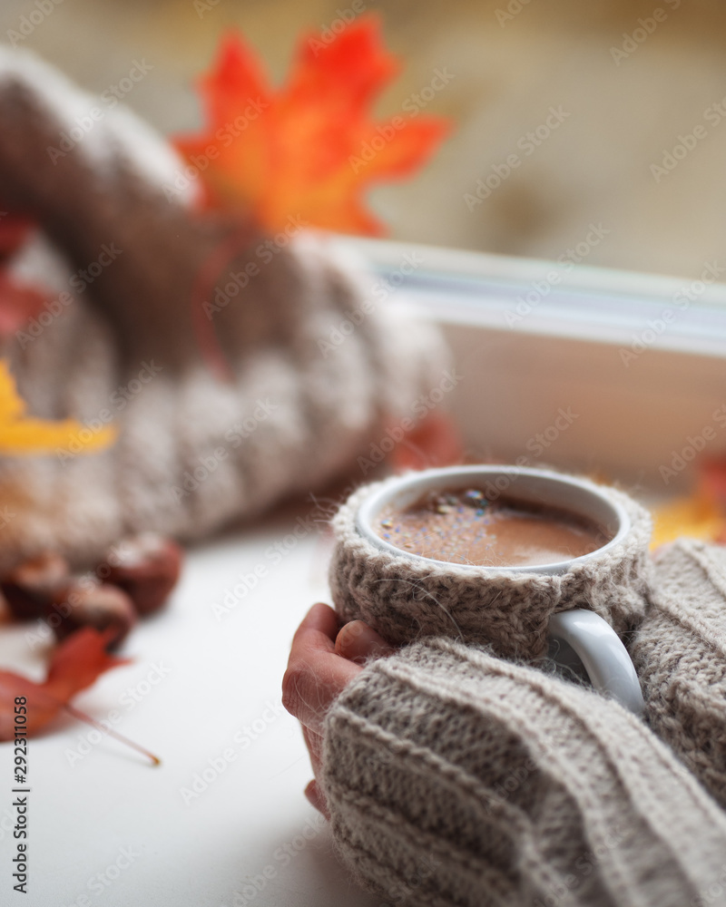 女人的手拿着一杯热咖啡或巧克力。秋天的咖啡在窗户上，颜色鲜艳。