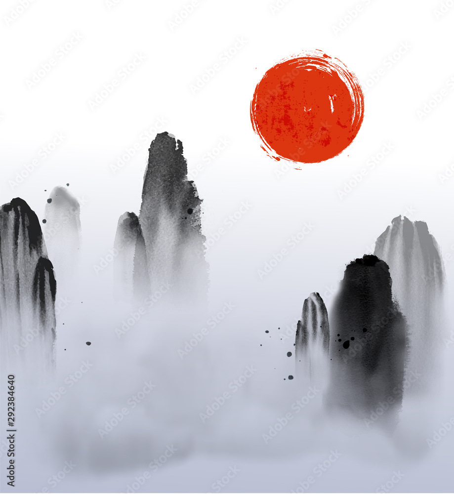 高高的雾山，红色的太阳和云朵。传统的东方水墨画sumi-e，u-sin，go hua。