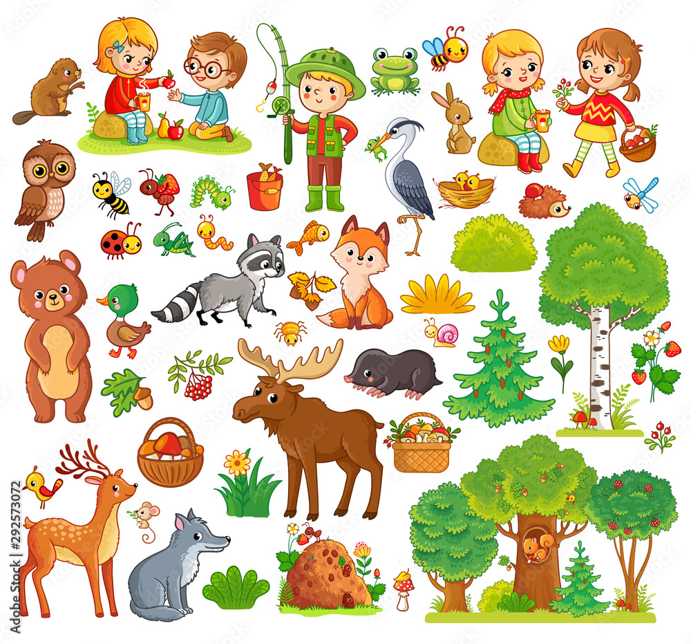 森林动物和儿童大型套装。森林主题系列
