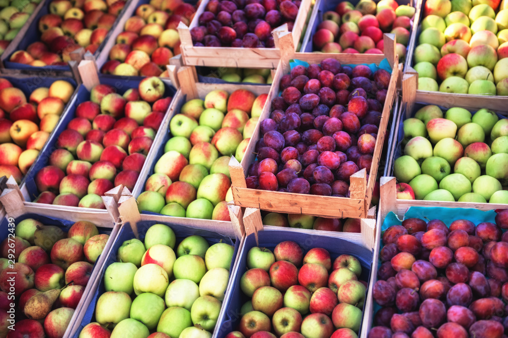当地户外市场上的新鲜农民苹果和李子