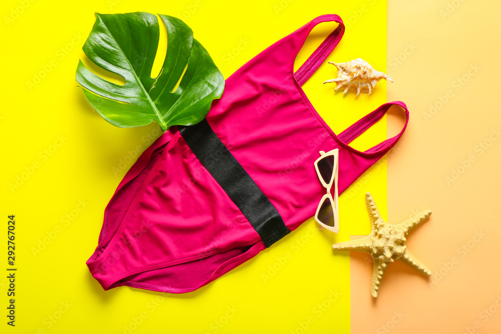 彩色背景女性泳衣的夏季构图
