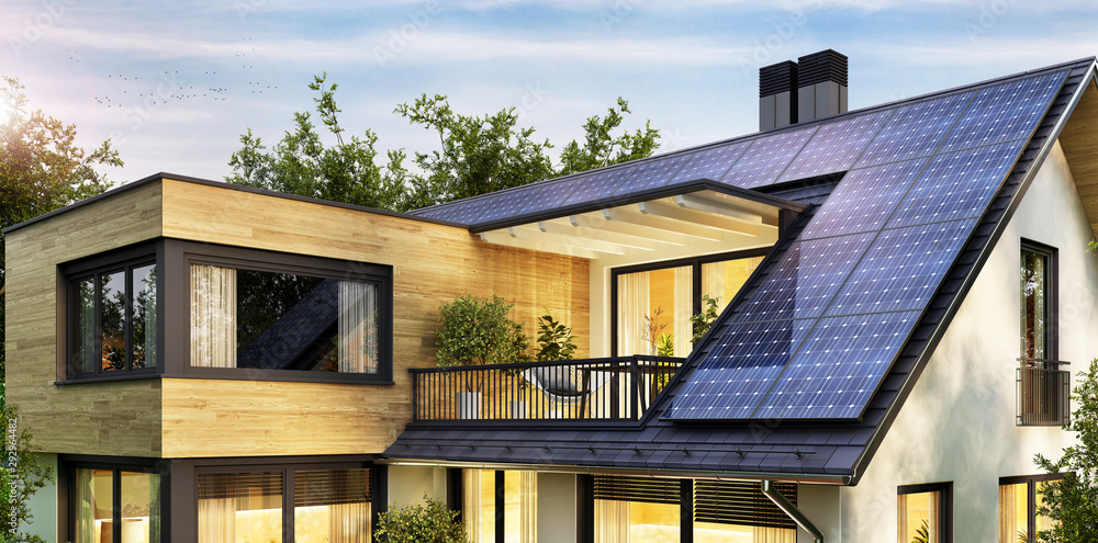 现代房屋山墙屋顶上的太阳能电池板