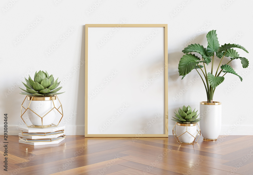 木质框架倾斜在明亮的白色内部，带有植物和装饰，模拟3D渲染