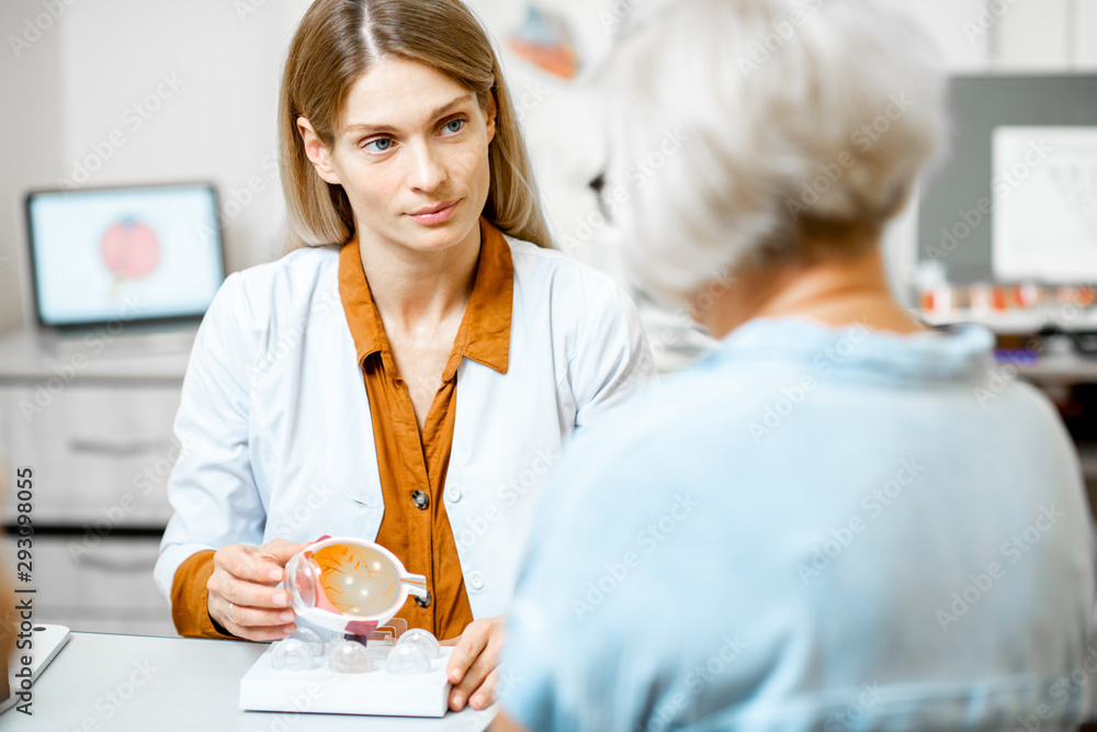 Female ophthalmologist showing the eye model to a senior patient during a medical consultation in th