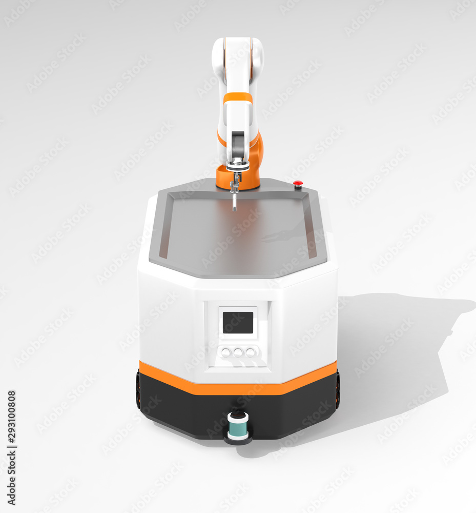 Front view of mobile robot AGV on gray background. 3D rendering image.