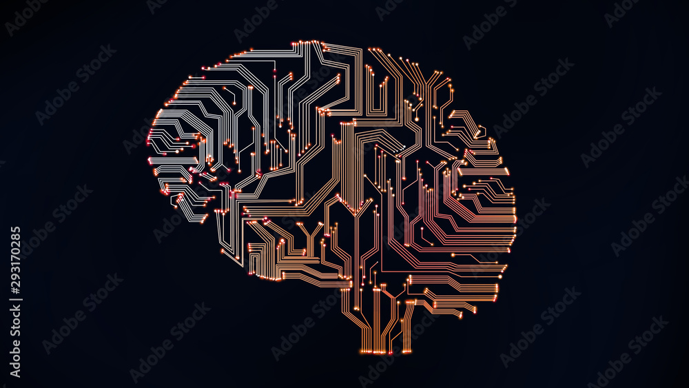 黑色背景下芯片和连接的电子大脑