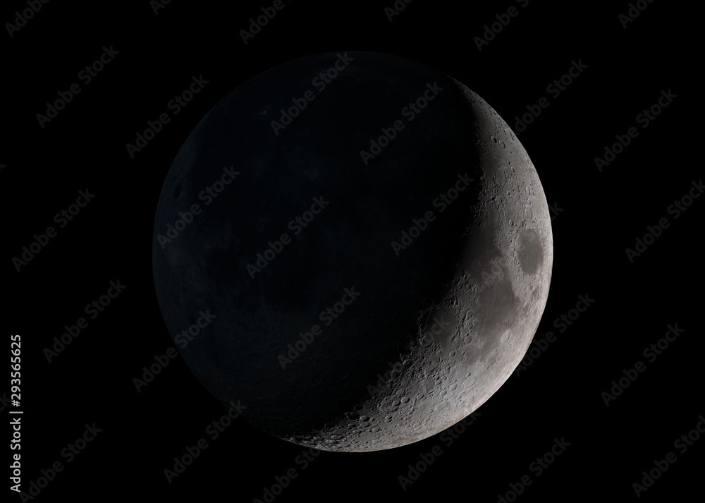 太空中新月的视图，背景为恒星，提供了该图像的3D渲染元素