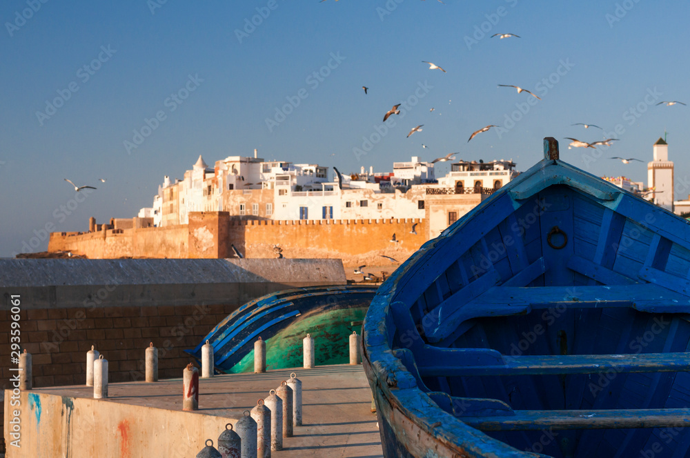 Essaouira的城市景观/Essaouila与渔船的城市景观，摩洛哥，非洲。