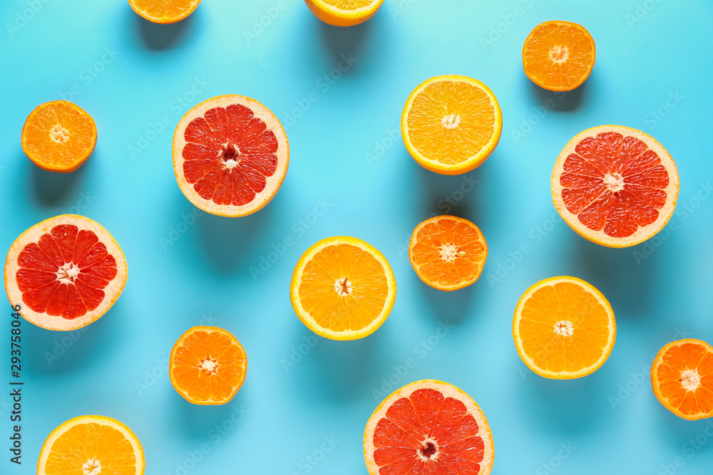 彩色背景下的甜柑橘类水果