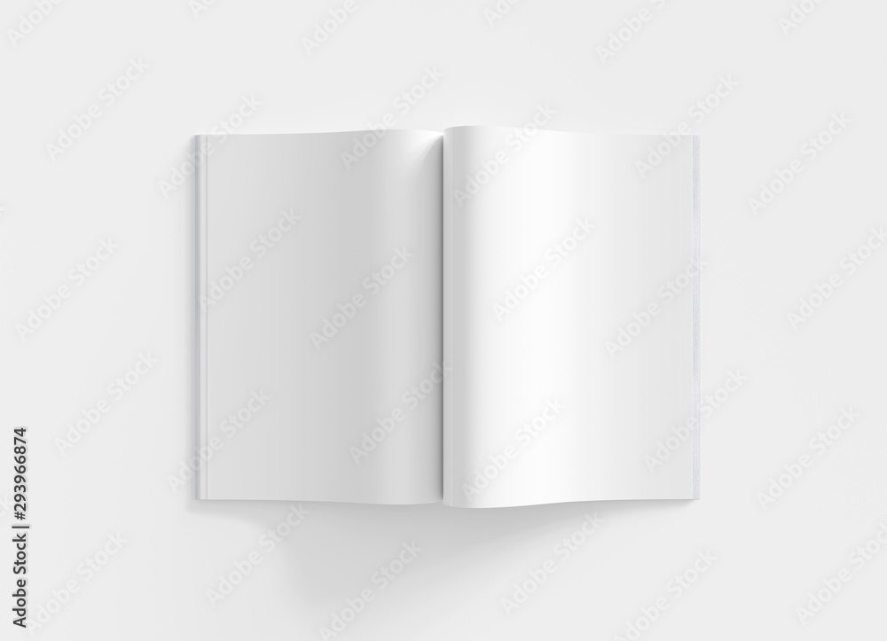 空白打开的杂志页面模型在白色背景3D渲染上隔离