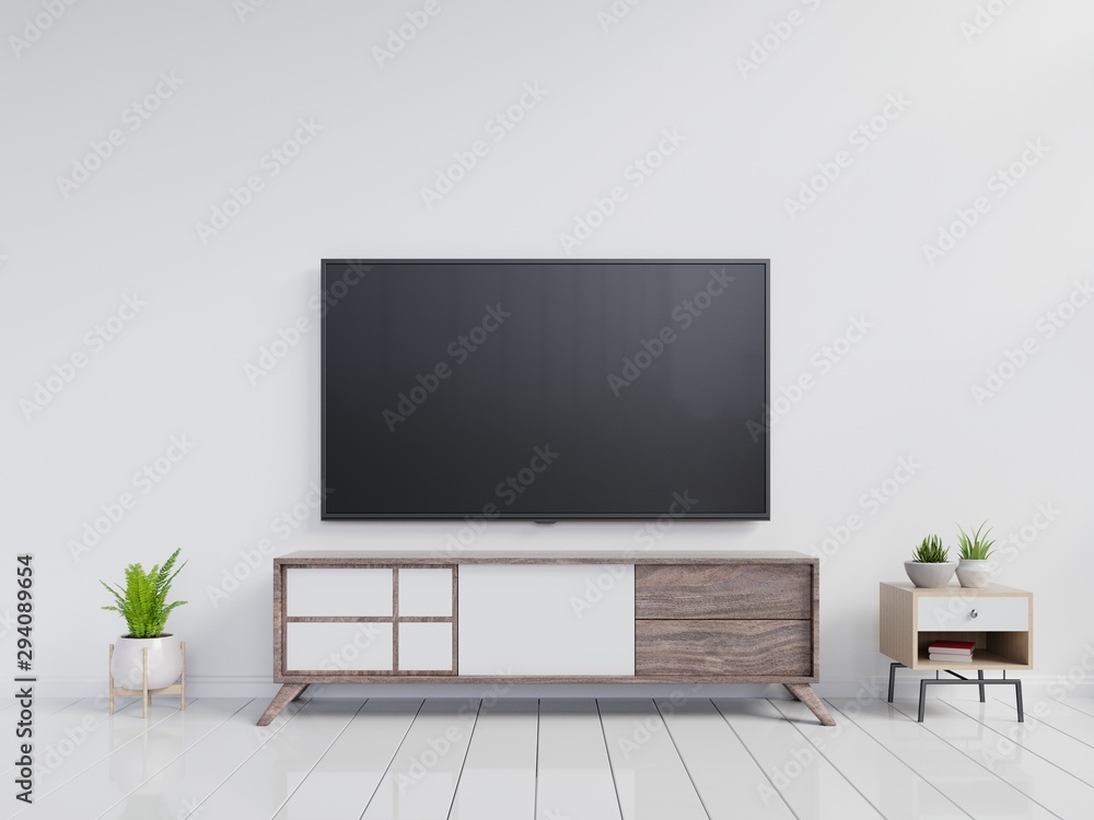现代客厅橱柜上的电视，白墙背景是植物。