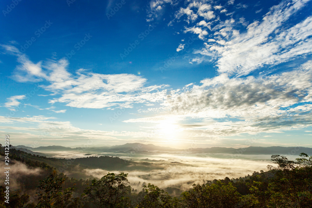 美丽的风景——清晨日出时的阳光，在山上热带雨林上流动的雾波之上