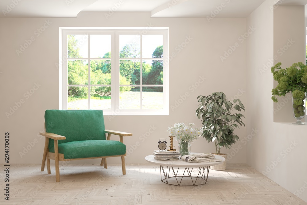 白色时尚房间模型，扶手椅，窗户有绿色景观。斯堪的纳维亚风格