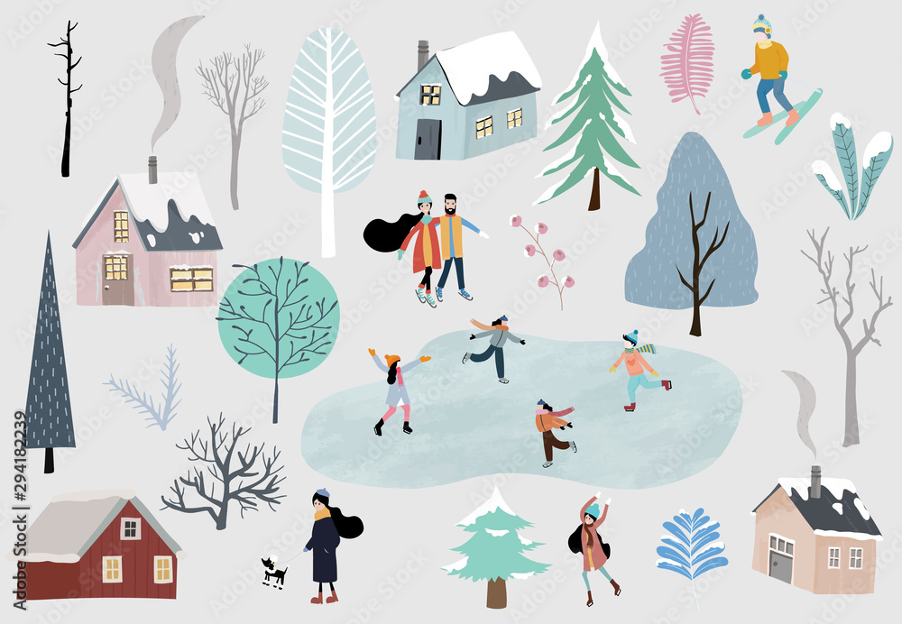 冬季系列套装，包括家、雪、树、贴纸、明信片、背景、基督的人物插图