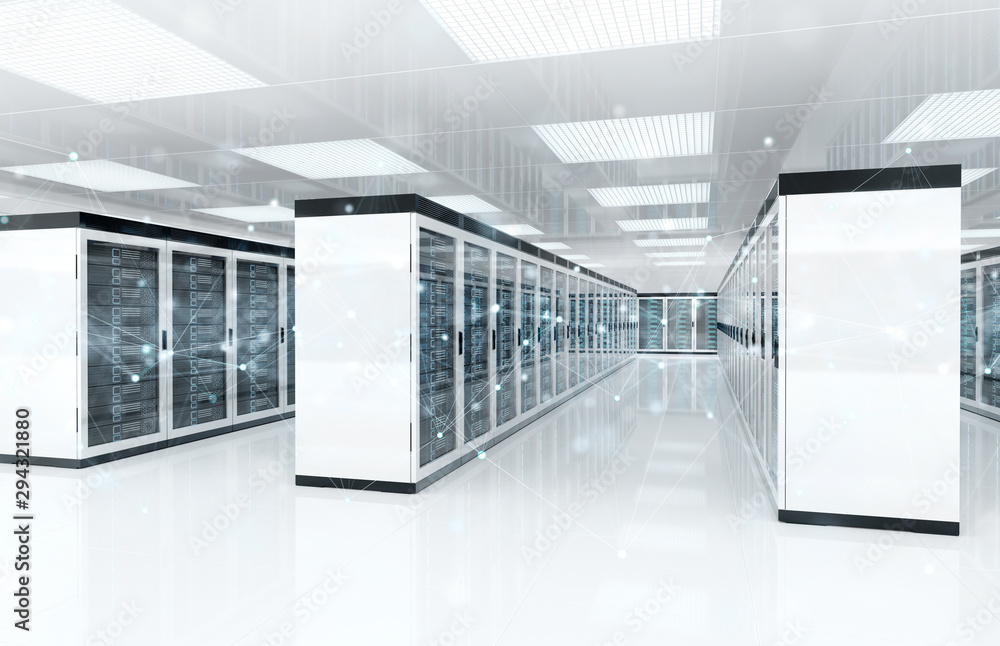 服务器中的连接网络数据中心机房存储系统3D渲染