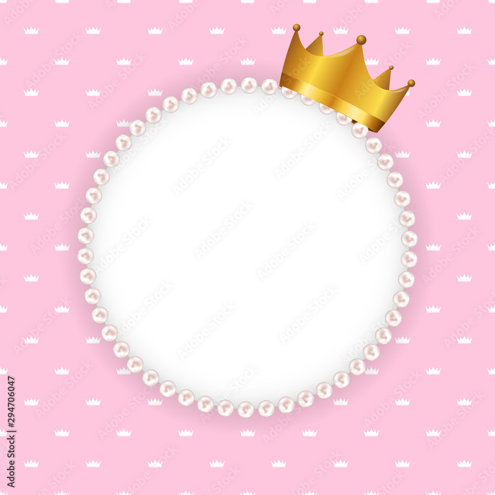 公主皇冠背景配珍珠框架矢量插图