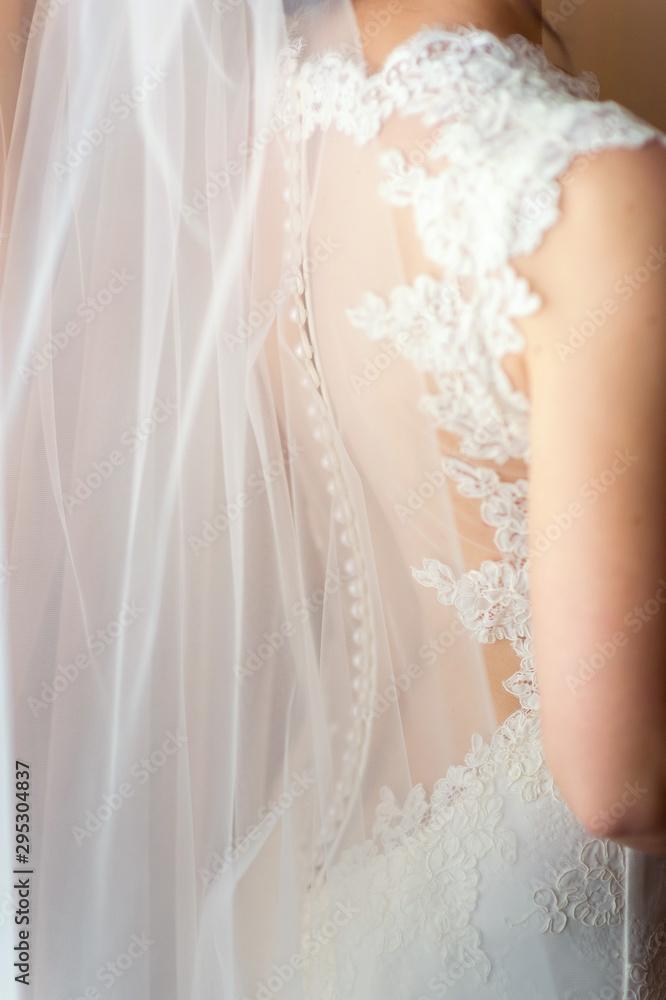 年轻迷人的新娘穿着白色漂亮的婚纱。婚礼概念，背面视图