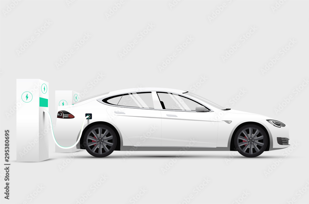 白色电动汽车站充电站电池。白色电动汽车独立侧视图。矢量