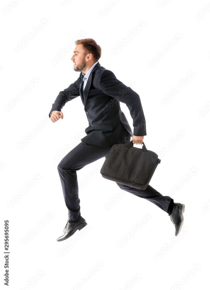 Running businessman with briefcase on white background