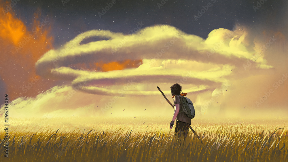 年轻人穿过草地，看着天空中的环形云，数字艺术风格，生病了