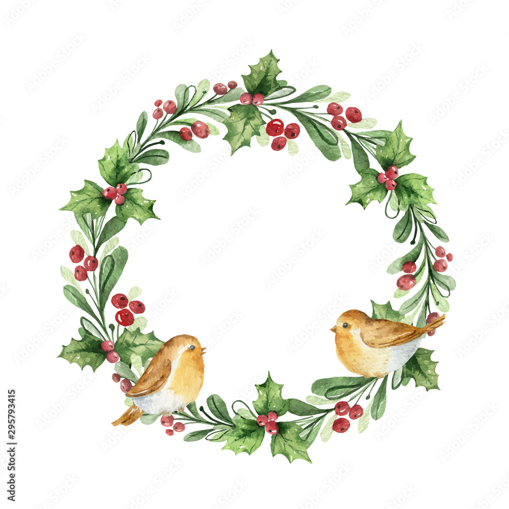 水彩矢量圣诞花环，带冷杉树枝和鸟类。