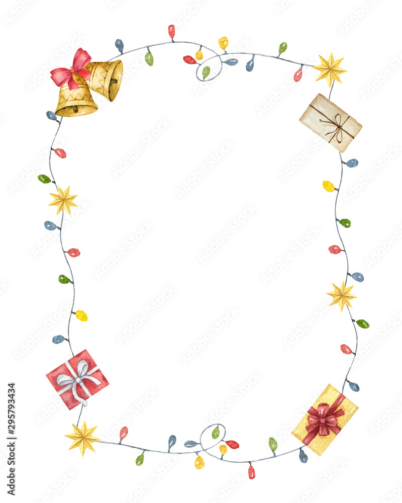 水彩矢量圣诞框架，带有五颜六色的灯、礼物和铃铛。