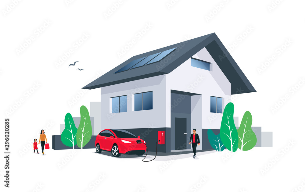 红色电动汽车在家里停车充电，墙上有一个男人的充电站。可再生能源
