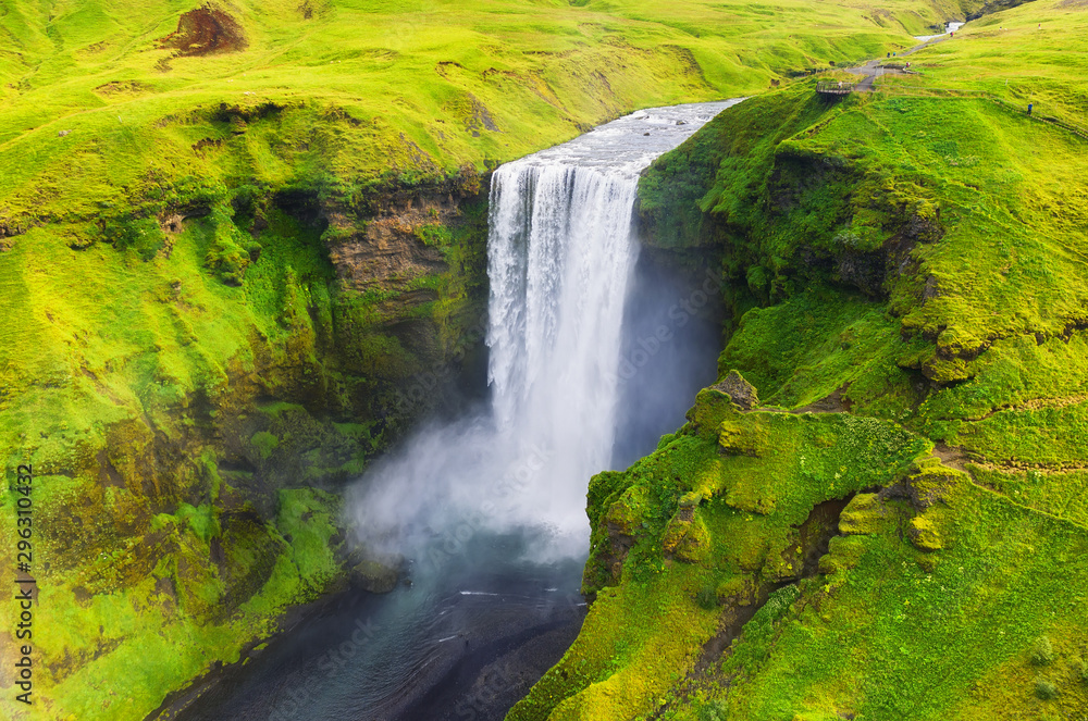 Iceland. Aerial view on the Skogafoss waterfall. Landscape in the Iceland from air. Famous place in 