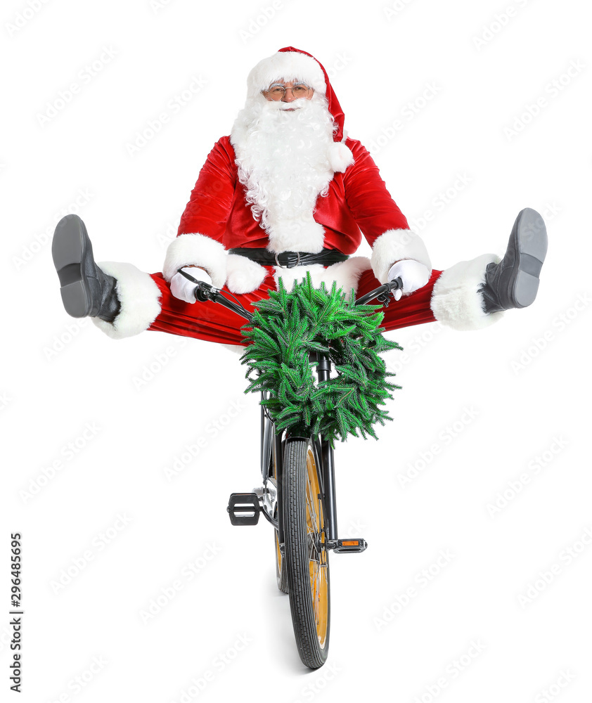 白底骑自行车的圣诞老人