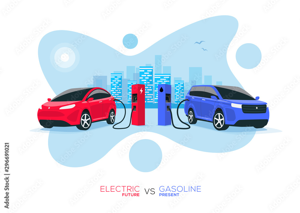 Comparing electric versus gasoline diesel car. Electric car charging at charger stand vs. fossil car