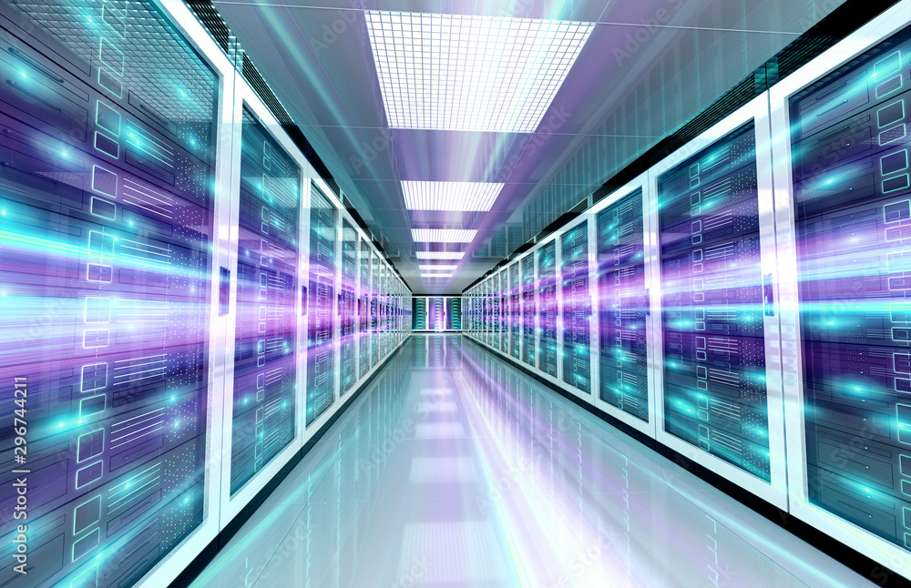 服务器数据中心房间通过走廊进行明亮的高速光3D渲染