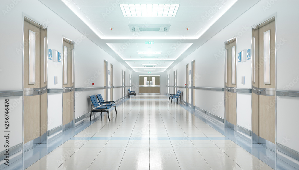 带房间和座位的长医院明亮走廊3D渲染